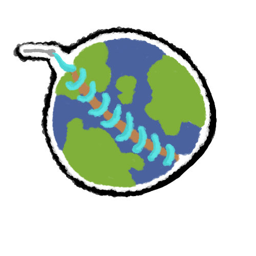 a drawing of the planet earth in green and blue, split in half. there is light blue thread being stitched across the divide, pulled by a silver needle.